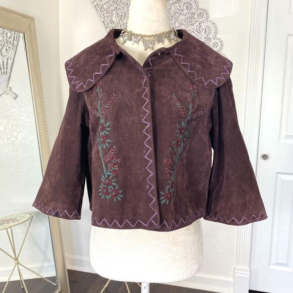 90s Whimsygoth Boho Floral Embroidered Bolero Suede Leather Cape Jacket 8 / M - Picture 6 of 7